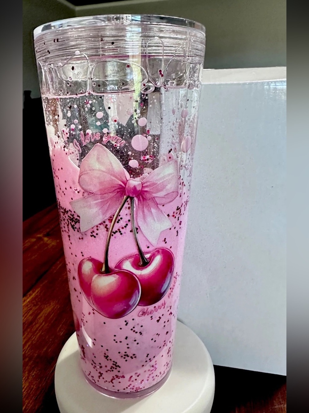 Pink acrylic tumbler with cherries and glitter